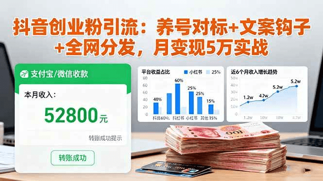 抖音创业粉引流：养号对标+文案钩子+全网分发，月变现5万实战